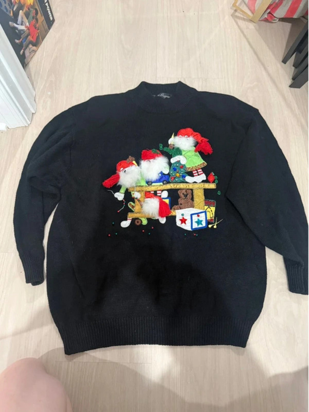 Vintage Workin’ Progress Christmas Elf Toy Shop Sweater 3X 3D Embellished